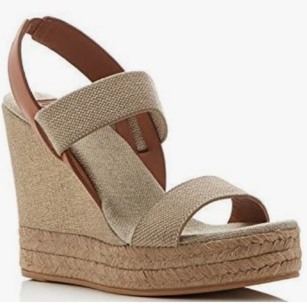 Tory Burch 2 Band Slingback Espadrille Wedge Sandals Beige/Tan 7.5 Made in Spain